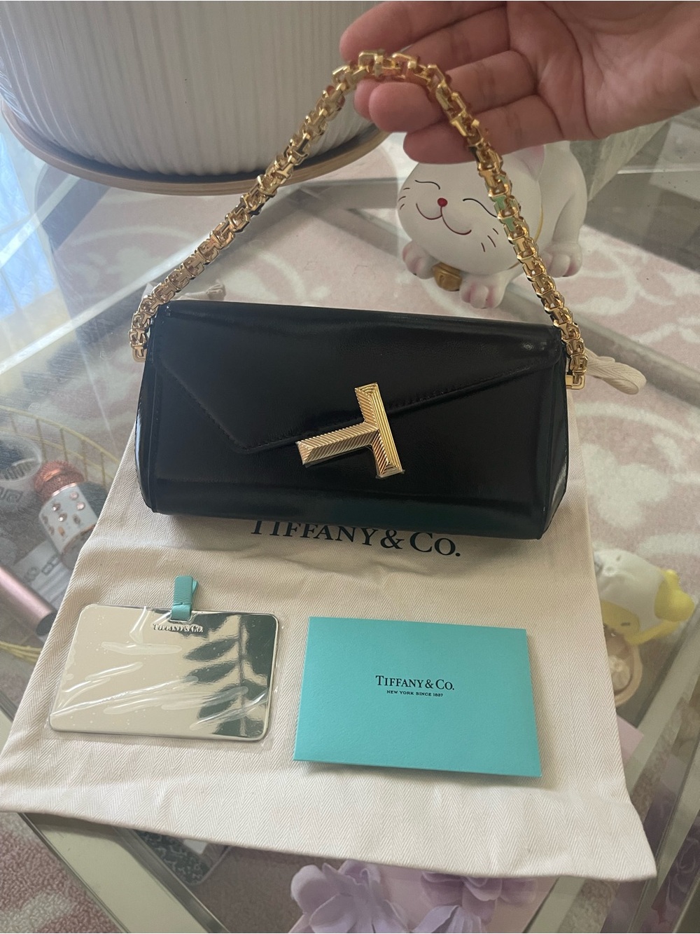 NWT Tiffany & Co. Black Leather Shoulder Bag with Gold Chain
